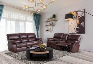 Modern 3 Seater Brown Leather Living Room Sofa Set