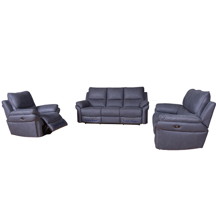 Dark Grey Fabric Double Recliner Sofa Set with Check Design