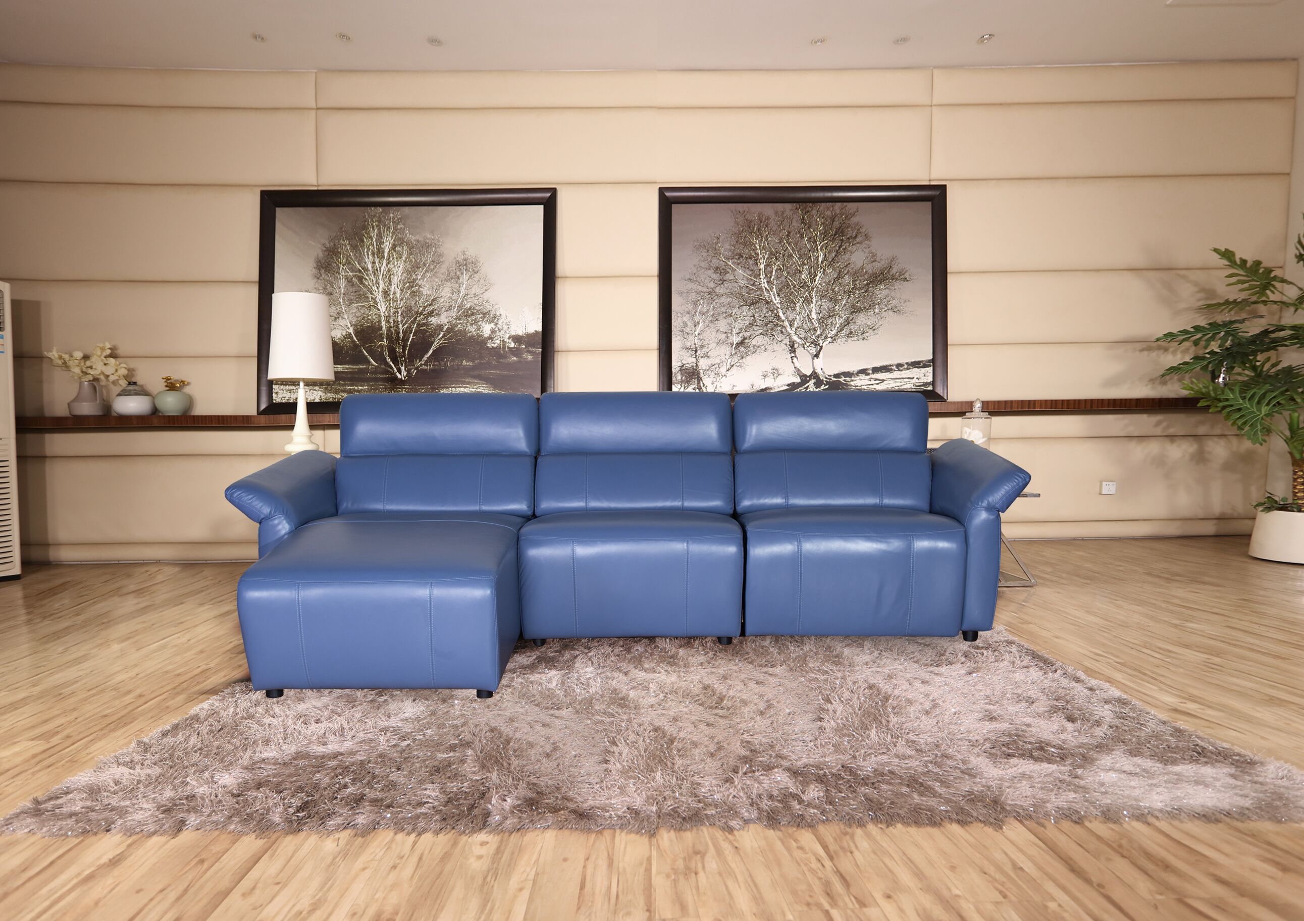 blue l shaped leather sofa