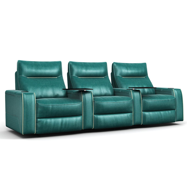 Classic green three-seater leather electric home theater sofa